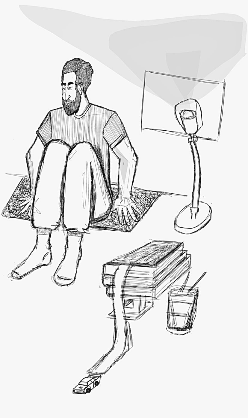 Interior drawing of a person sitting near books and a lamp